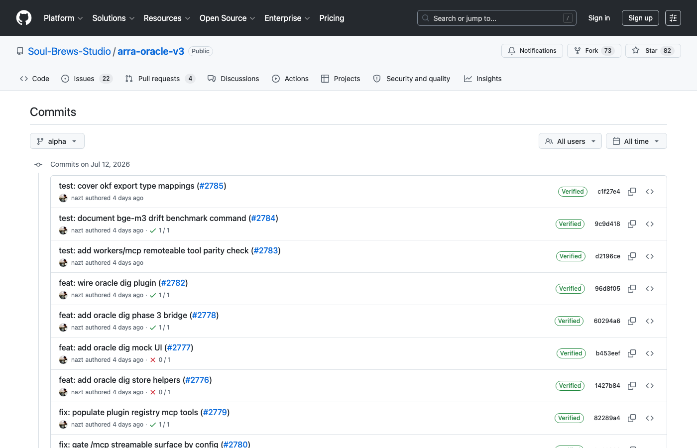 arra-oracle-v3 GitHub commits page — real screenshot, alpha branch